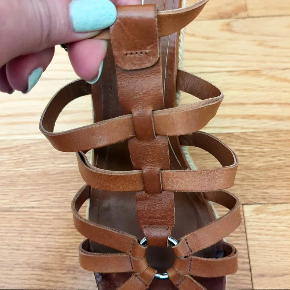 [SOLD] Coach Cognac Brown Leather Caged T-Strap Espadrille Wedge Strappy Sandals - Picture 5 of 16